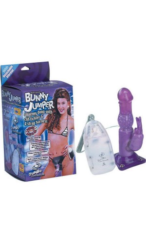 Страпон Bunny Jumper с вибрацией и клиторальным зайчиком, фиолетовый
