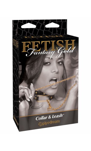 Ошейник Fetish Fantasy Gold Collar & Leash с поводком черный с золотом
